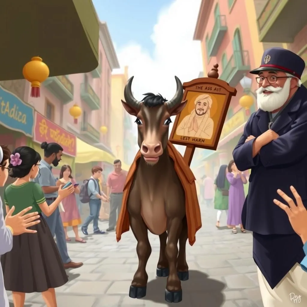 الاغی که مجسمه را حمل میکرد - Aesop's Fable illustration about غرور، فروتنی، درک نادرست