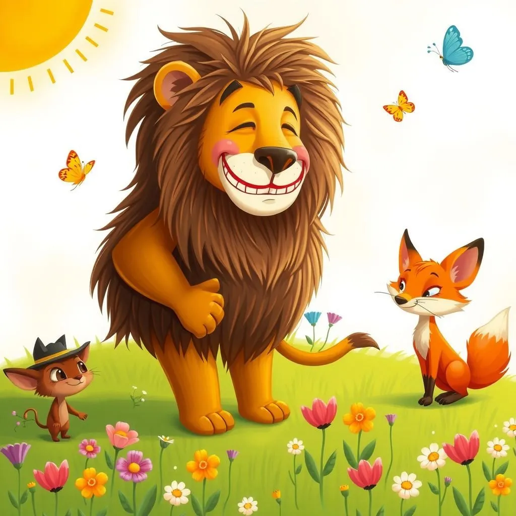 Ang Asno sa Balat ng Leon. - Aesop's Fable illustration about panlilinlang, kamalayan sa sarili, ang kahalagahan ng tunay na pagkakakilanlan