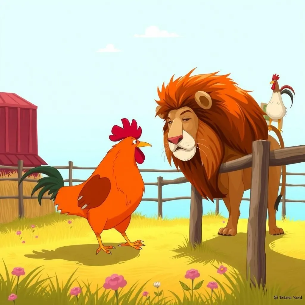 Ang Asno, ang Tandang, at ang Leon. - Aesop's Fable illustration featuring Puwet and Titi