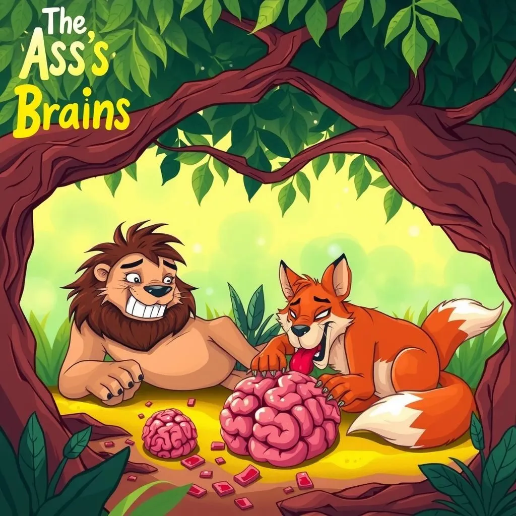 The Ass's Brains - Aesop's Fable illustration featuring Lion and Fox