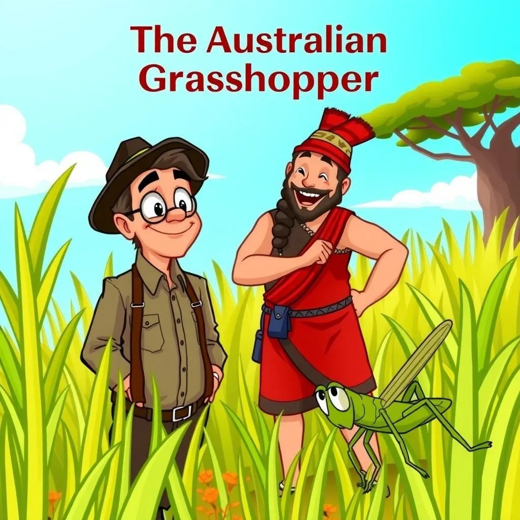 Ang Australian Grasshopper. - Aesop's Fable illustration about Perepsyon laban sa katotohanan, pag-usisa, ang kakatwa ng mga inaasahan.