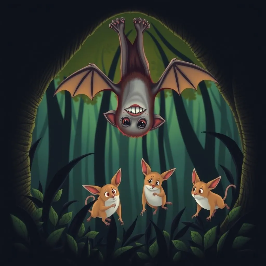 బ్యాట్ మరియు వీసెల్స్ - Aesop's Fable illustration about మోసం, జీవనం, అనుకూలత.