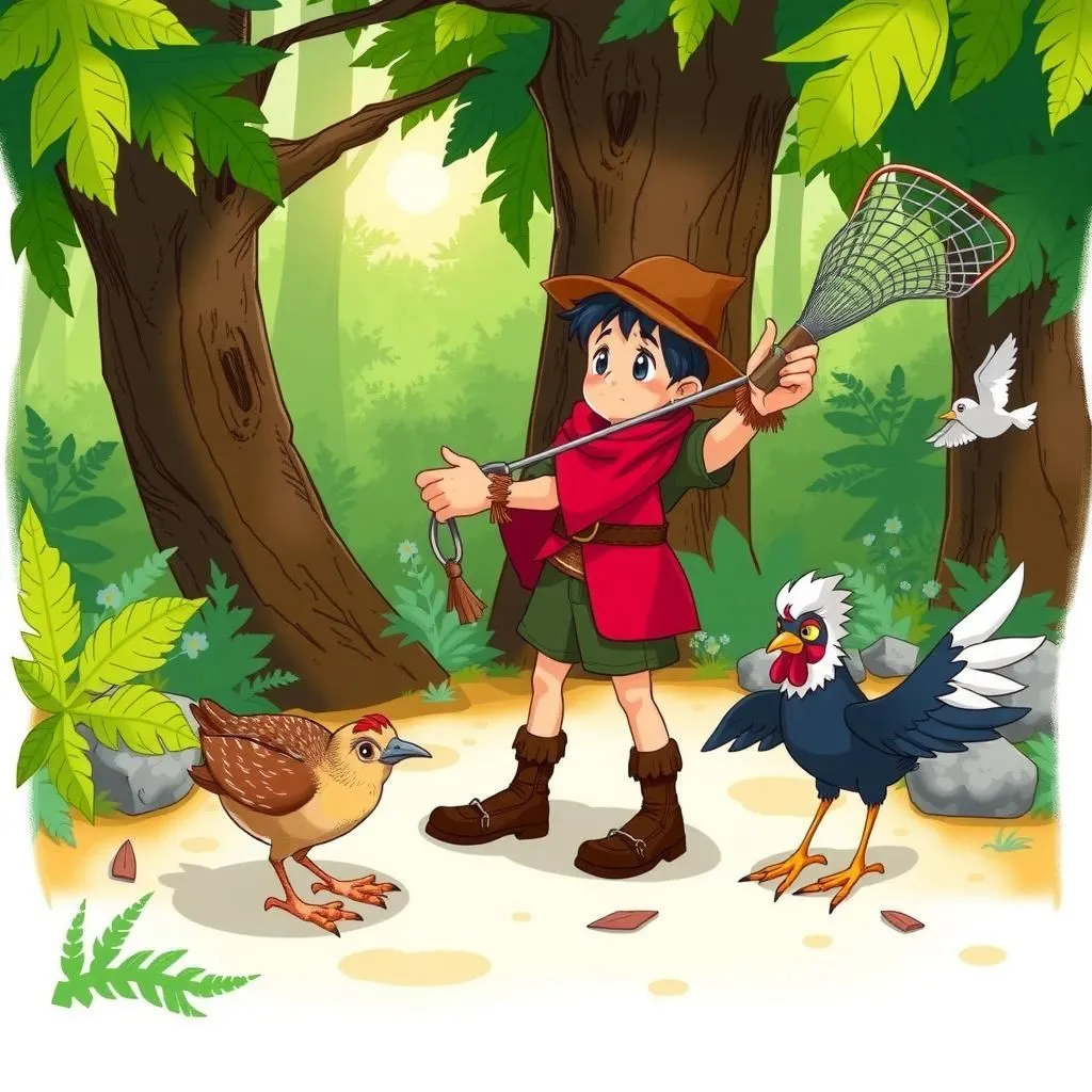 పక్షి పట్టేవాడు, కాకి మరియు కోడి.