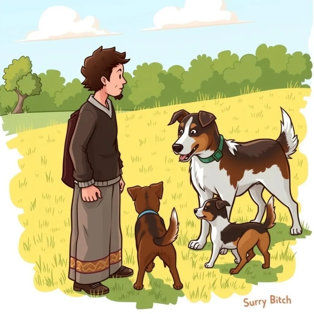 కుక్క మరియు దాని పిల్లలు - Aesop's Fable illustration featuring బిచ్ and షెపర్డ్