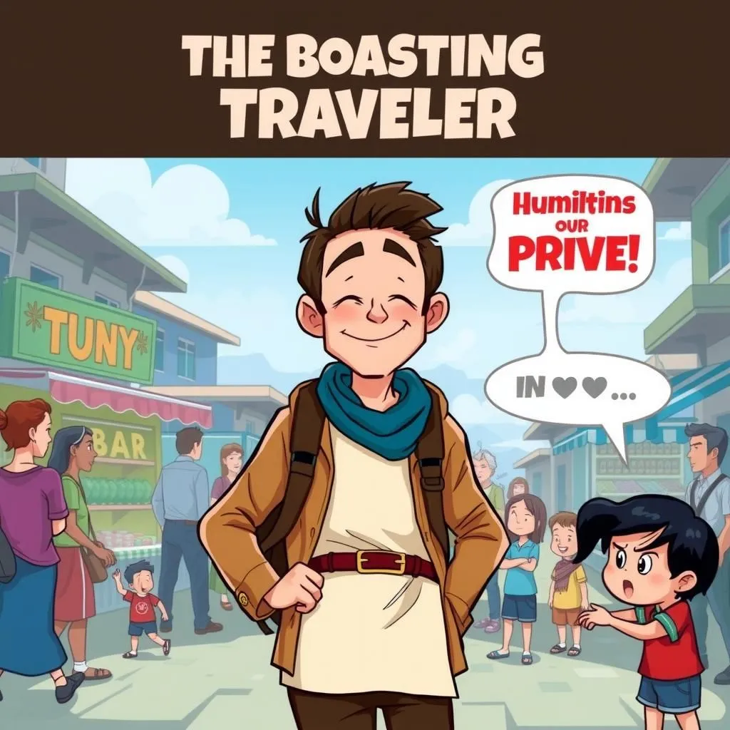 అహంకార ప్రయాణికుడు. - Aesop's Fable illustration featuring అహంకార ప్రయాణికుడు and ప్రేక్షకుడు