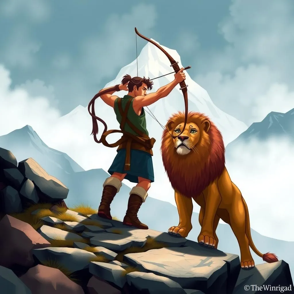 Ang Bowman at Leon. - Aesop's Fable illustration featuring Bowman and Leon