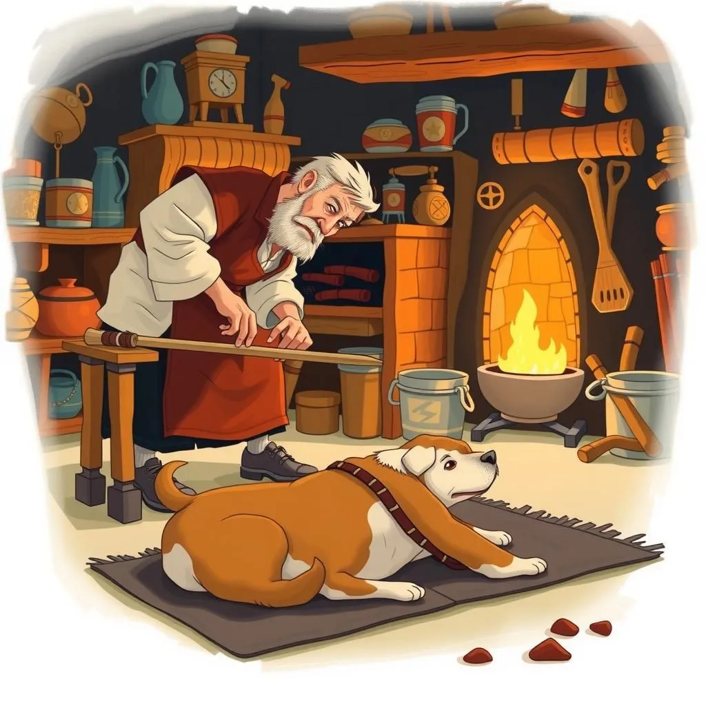 బ్రేజియర్ మరియు అతని కుక్క - Aesop's Fable illustration featuring బ్రేజియర్ and డాగ్