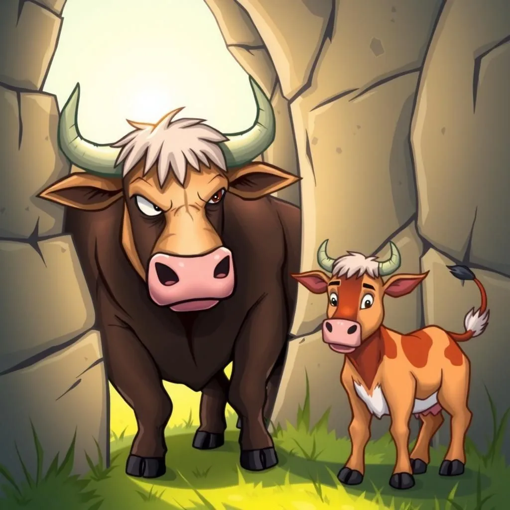 Ang Toro at ang Guya. - Aesop's Fable illustration about Pagmamalaki, Karanasan, Kababaang-loob.