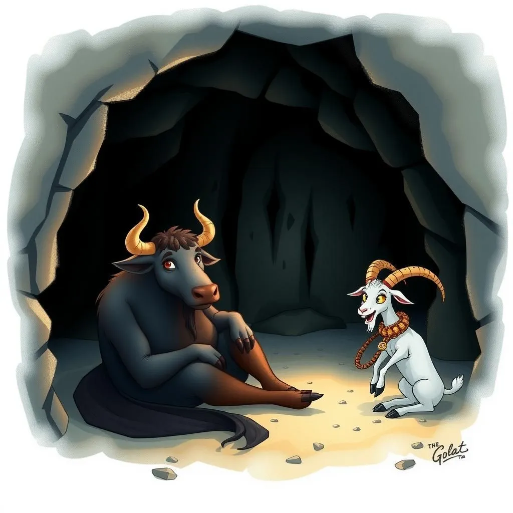 Ang Toro at ang Kambing. - Aesop's Fable illustration featuring Toro and Leon