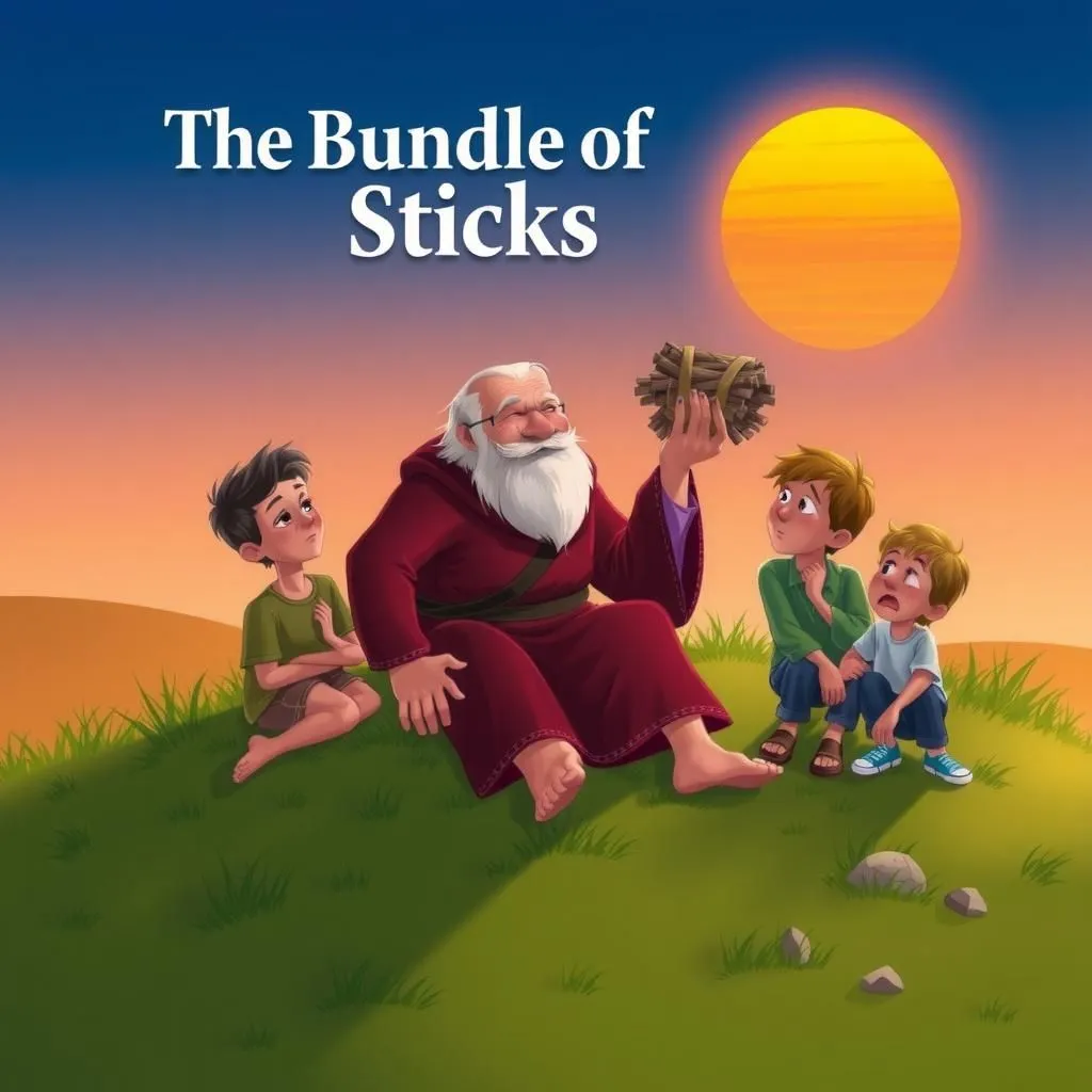The Bundle of Sticks - Aesop's Fable illustration about unity, strength in togetherness, family bonds