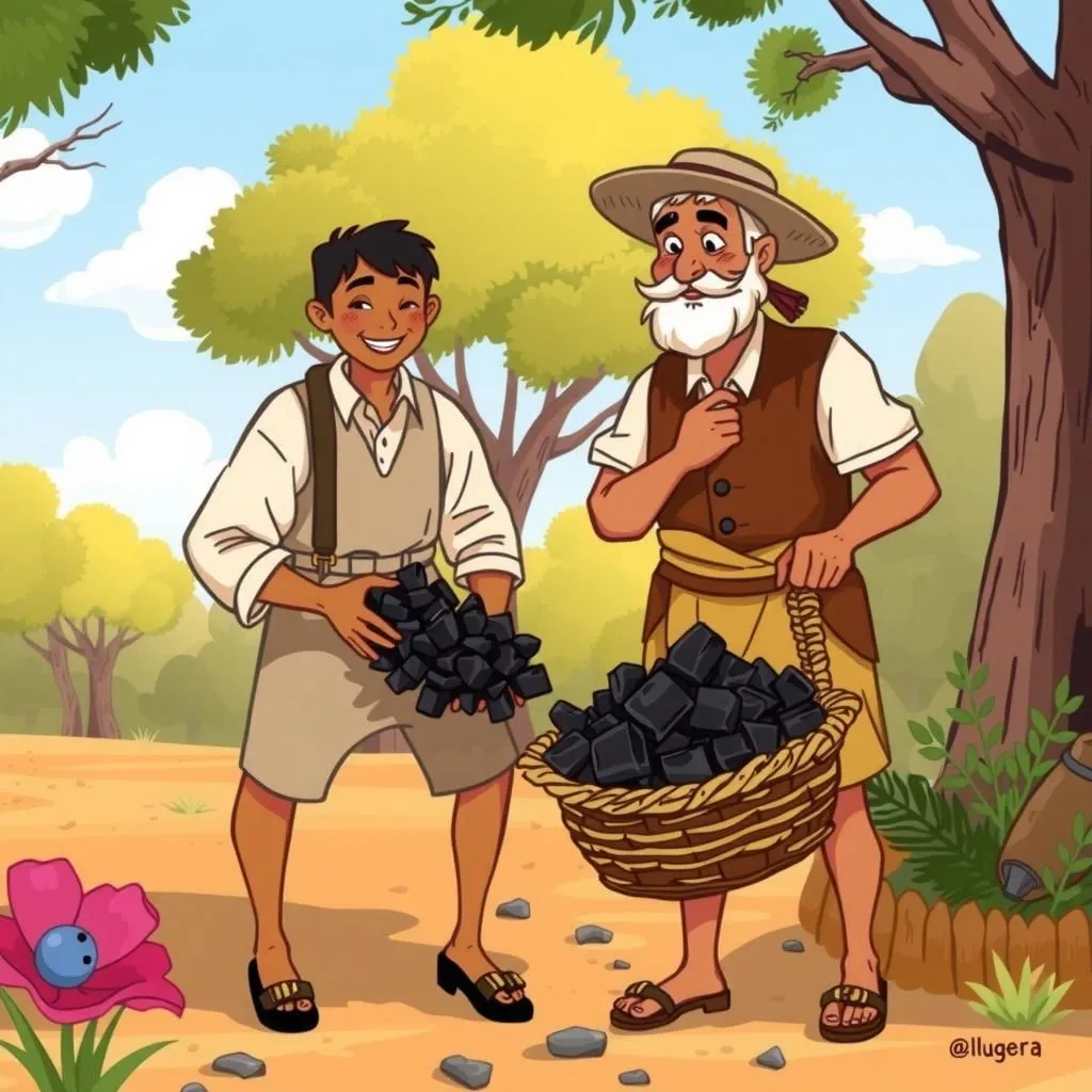 कोयला बनाने वाला और धोबी। - Aesop's Fable illustration featuring कोयला बनाने वाला and धोबी।