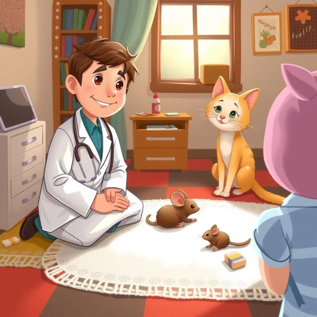 Ang Maawain na Mangagamot. - Aesop's Fable illustration featuring Mabait na Manggagamot and Pusa