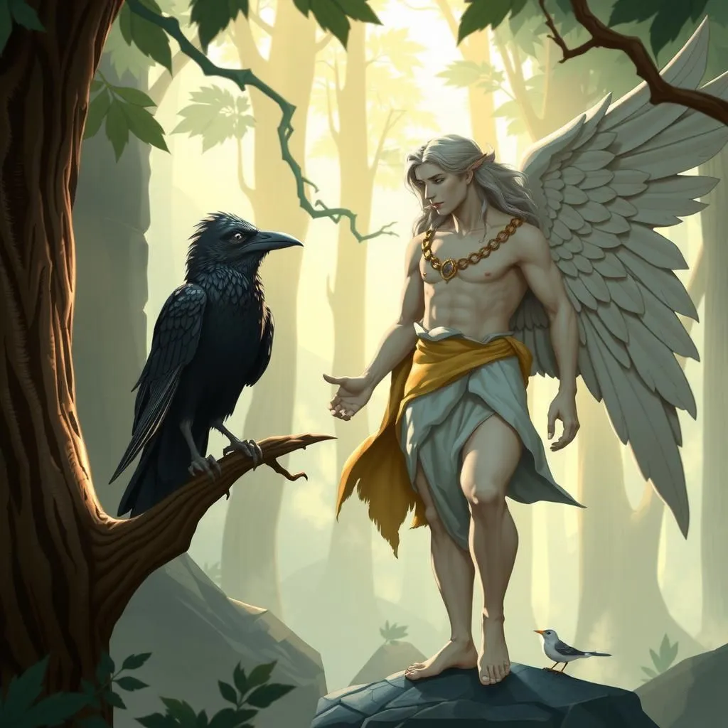 الغراب وعطارد. - Aesop's Fable illustration about خيانة، مساءلة، عواقب الوعود.