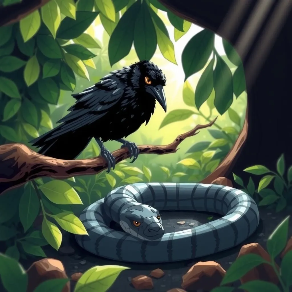 Il Corvo e il Serpente. - Aesop's Fable illustration featuring Corvo and Serpente