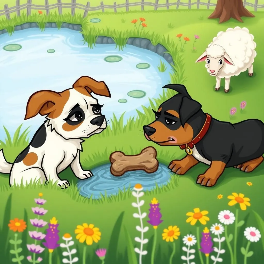 Ang Walang Kinikilingang Tagapamagitan. - Aesop's Fable illustration featuring Aso and Tupa.