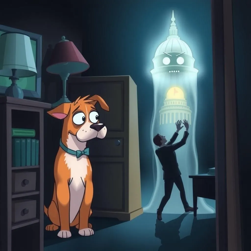 Ang Aso at ang Kanyang Anino. - Aesop's Fable illustration featuring Opisyal ng Estado and Multo ng nauna