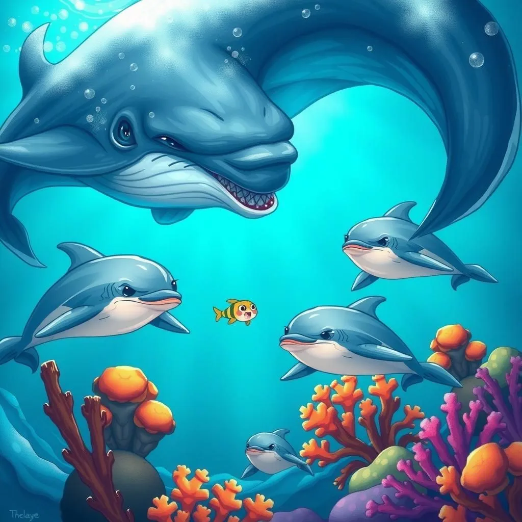 డాల్ఫిన్స్, వేల్స్ మరియు స్ప్రాట్. - Aesop's Fable illustration featuring డాల్ఫిన్స్ and వేల్స్