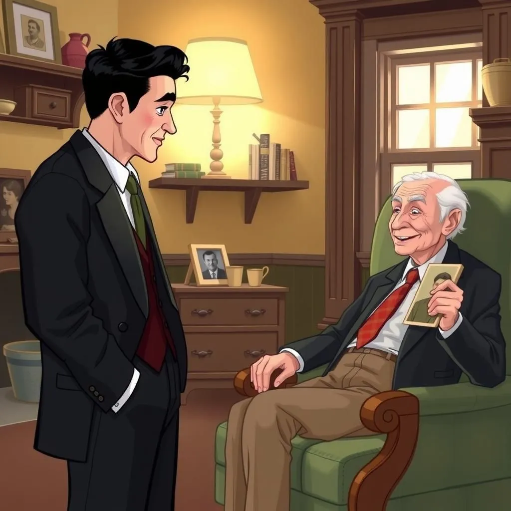 Il figlio devoto. - Aesop's Fable illustration about dovere familiare, orgoglio, interesse personale