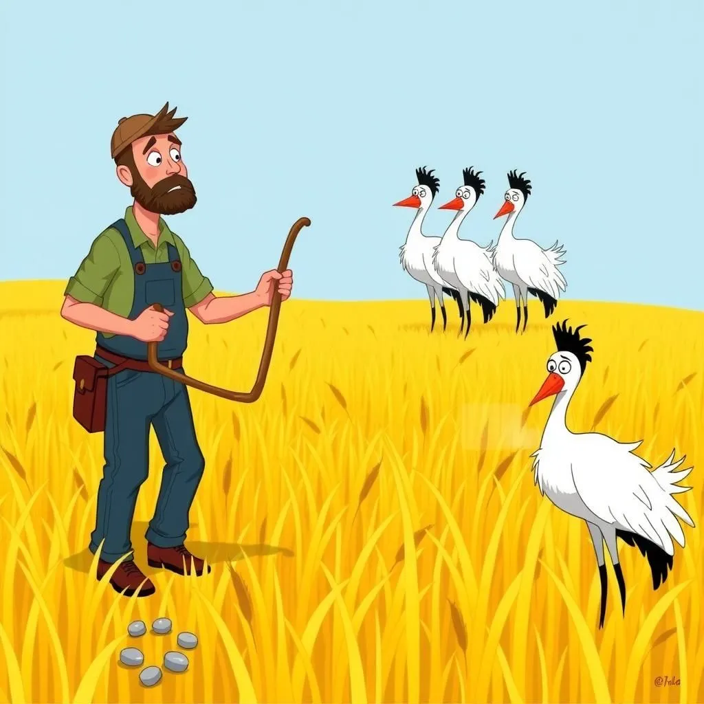 المزارع والكراكي. - Aesop's Fable illustration about الشجاعة، العاقبة، الحفاظ على الذات