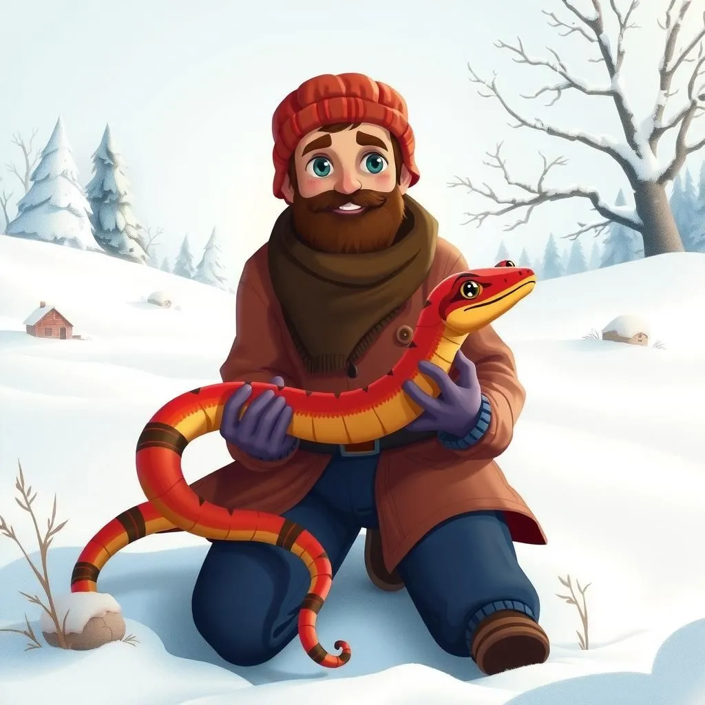 రైతు మరియు పాము - Aesop's Fable illustration featuring రైతు and పాము