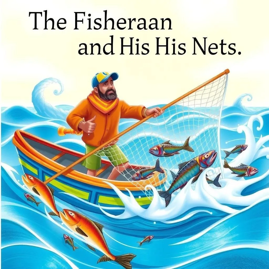 The Fisherman and His Nets - Aesop's Fable illustration featuring Fisherman and large fish