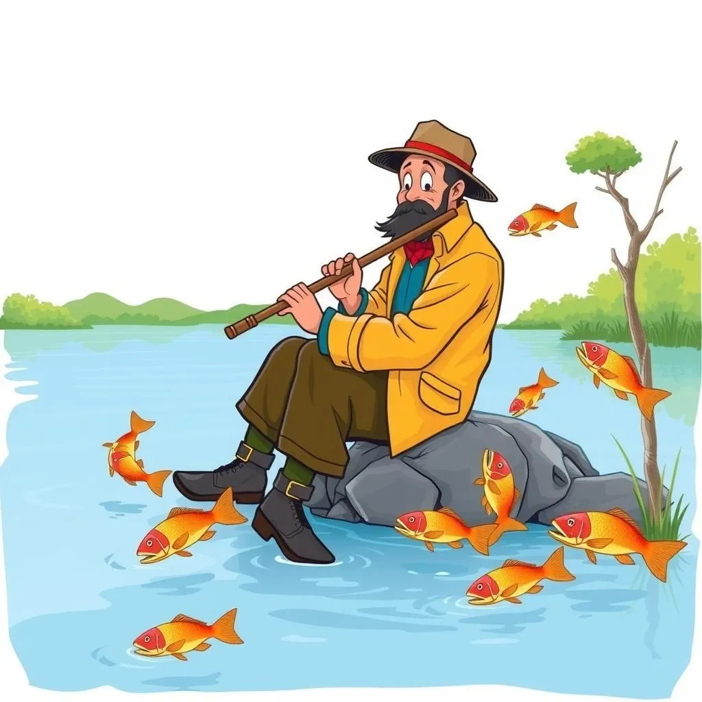 Il pescatore che suonava il flauto. - Aesop's Fable illustration about Pazienza, ironia, la futilità dell'attesa.