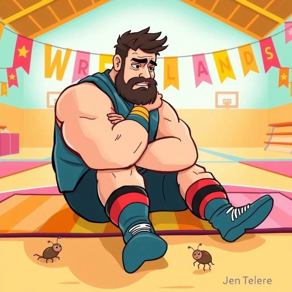 البرغوث والمصارع. - Aesop's Fable illustration about التواضع، طبيعة القوة، التغلب على الشدائد