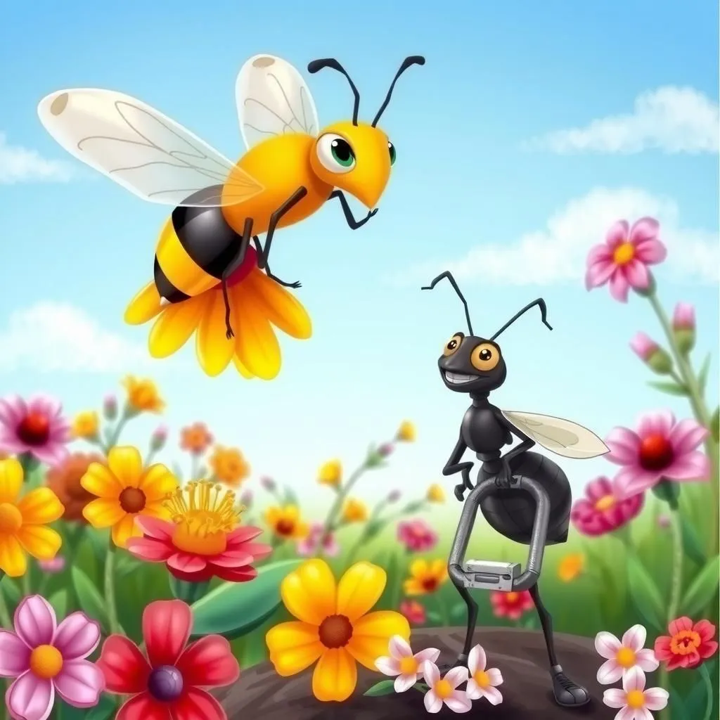 Ang Langaw at ang Langgam. - Aesop's Fable illustration about Pagpapahalaga sa sarili, pagpapakumbaba, ang halaga ng pagsisikap.