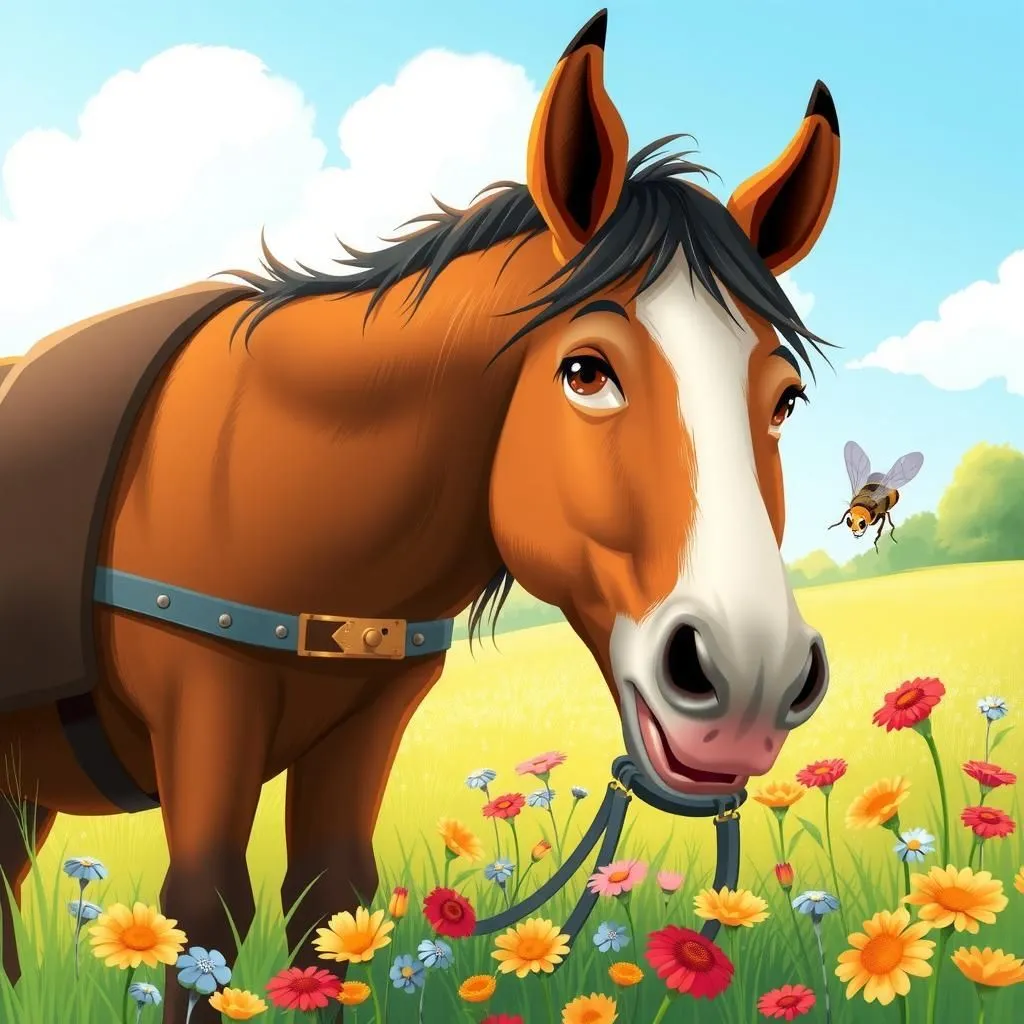 La mosca e il mulo da tiro. - Aesop's Fable illustration featuring Vola and Mulo da tiro