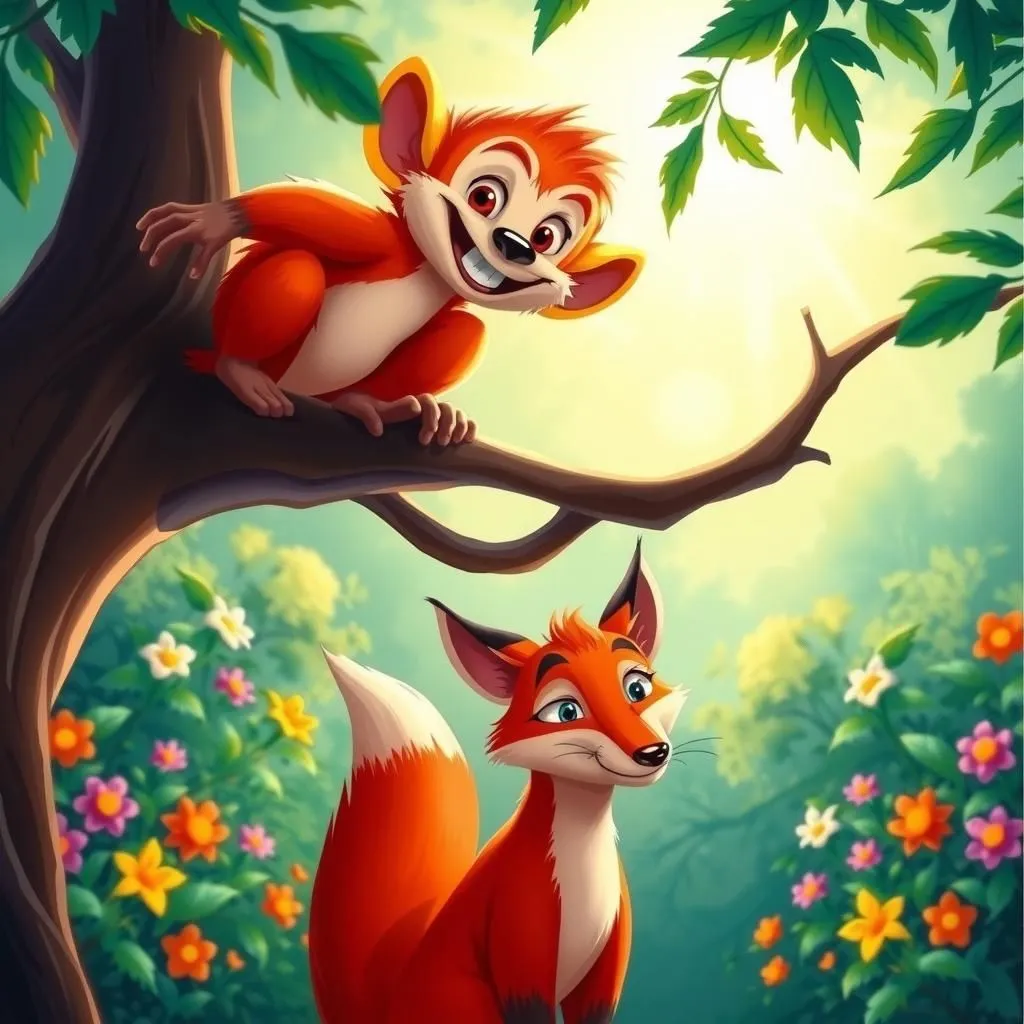 The Fox and the Monkey - Aesop's Fable illustration featuring Fox and Monkey