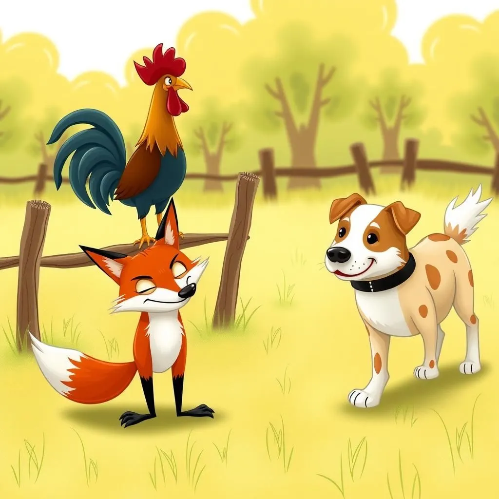 La Volpe, il Gallo e il Cane. - Aesop's Fable illustration featuring Volpe and Gallo