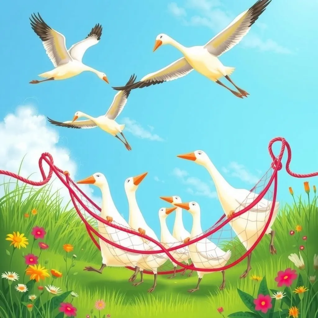 గీసులు మరియు క్రేన్స్ - Aesop's Fable illustration about జాగ్రత్త, అనుకూలత, ఒకరి స్వభావం యొక్క పరిణామాలు.