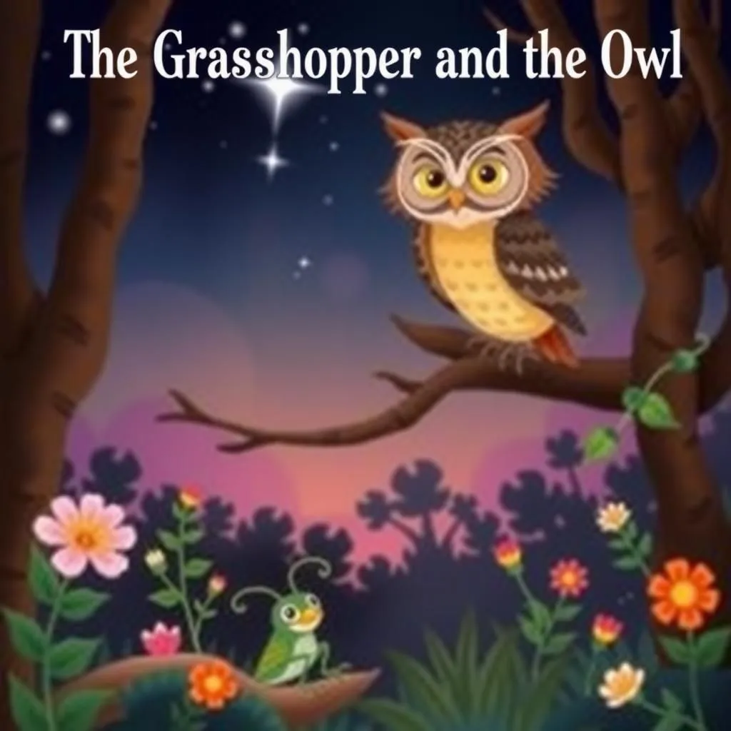 The Grasshopper and the Owl - Aesop's Fable illustration featuring Owl and Grasshopper