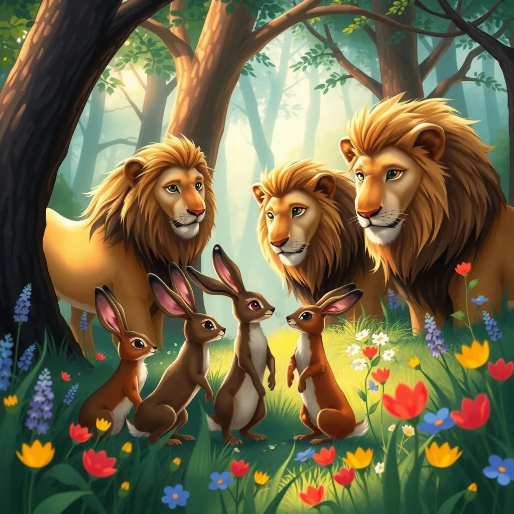 Ang mga Liyebre at ang mga Leon. - Aesop's Fable illustration featuring Mga Kuneho and Mga Leon