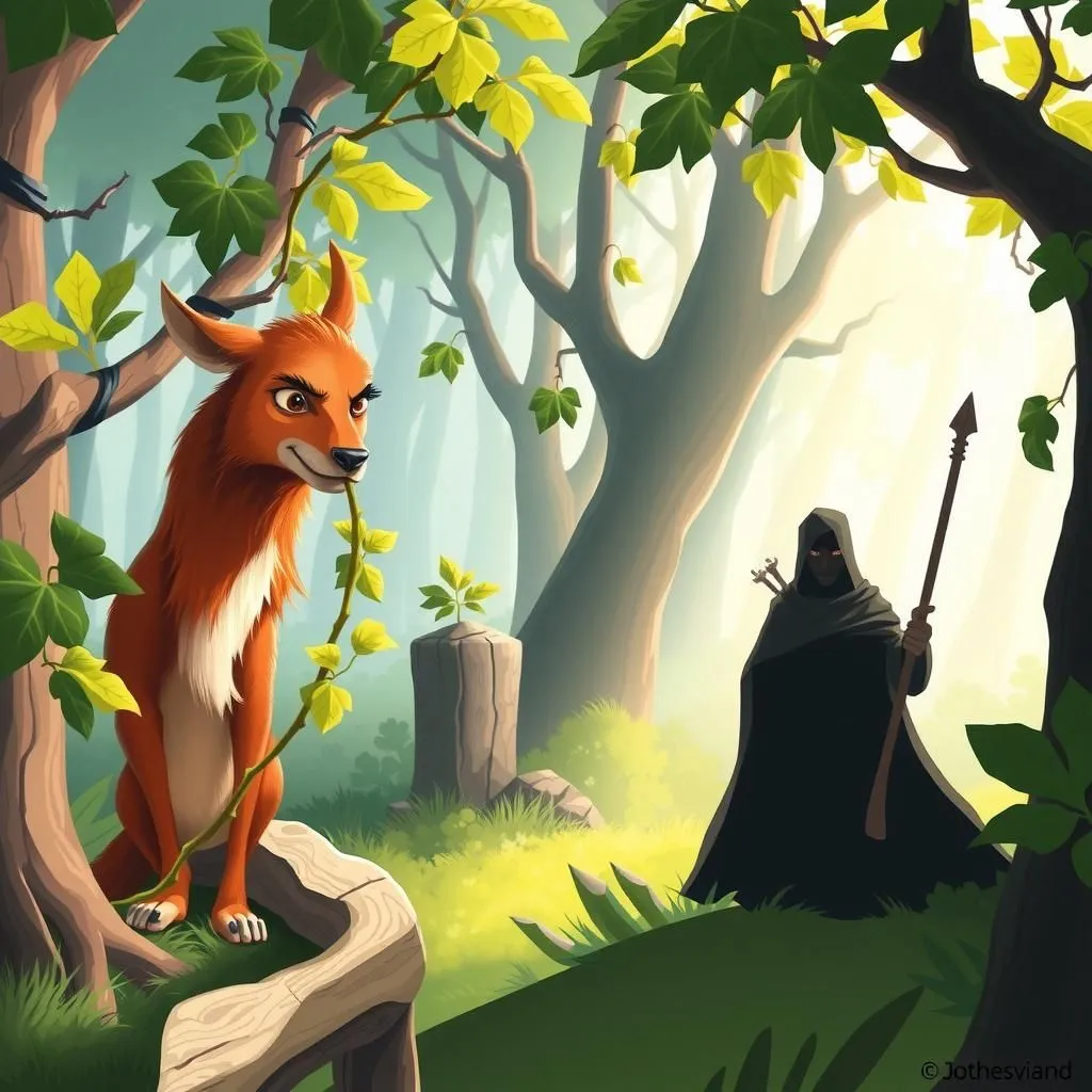 Ang Usa at ang Punong Ubas. - Aesop's Fable illustration featuring Hart and Vine