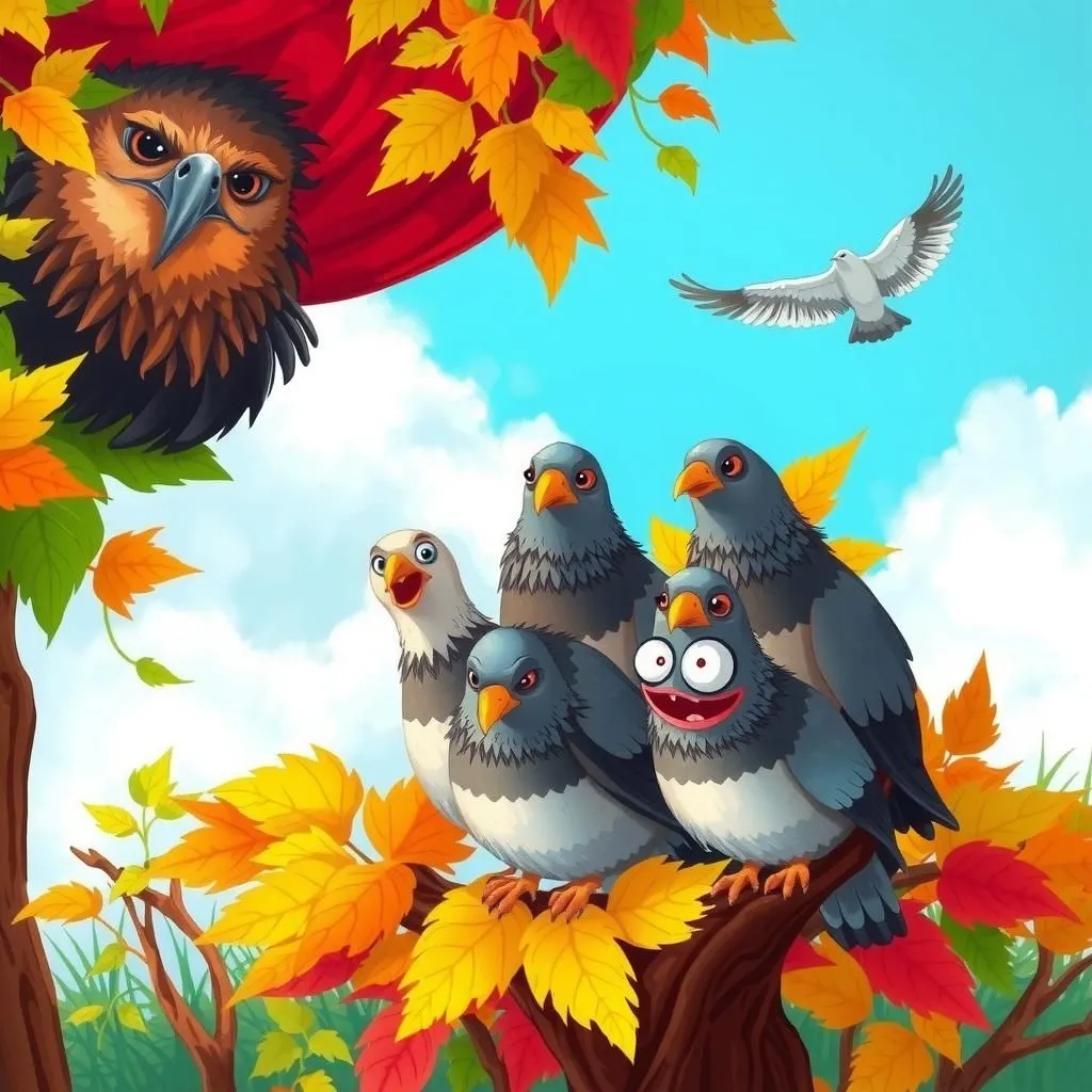 Ang Lawin, ang Kite, at ang mga Kalapati. - Aesop's Fable illustration about panlilinlang, maling tiwala, mga bunga ng takot