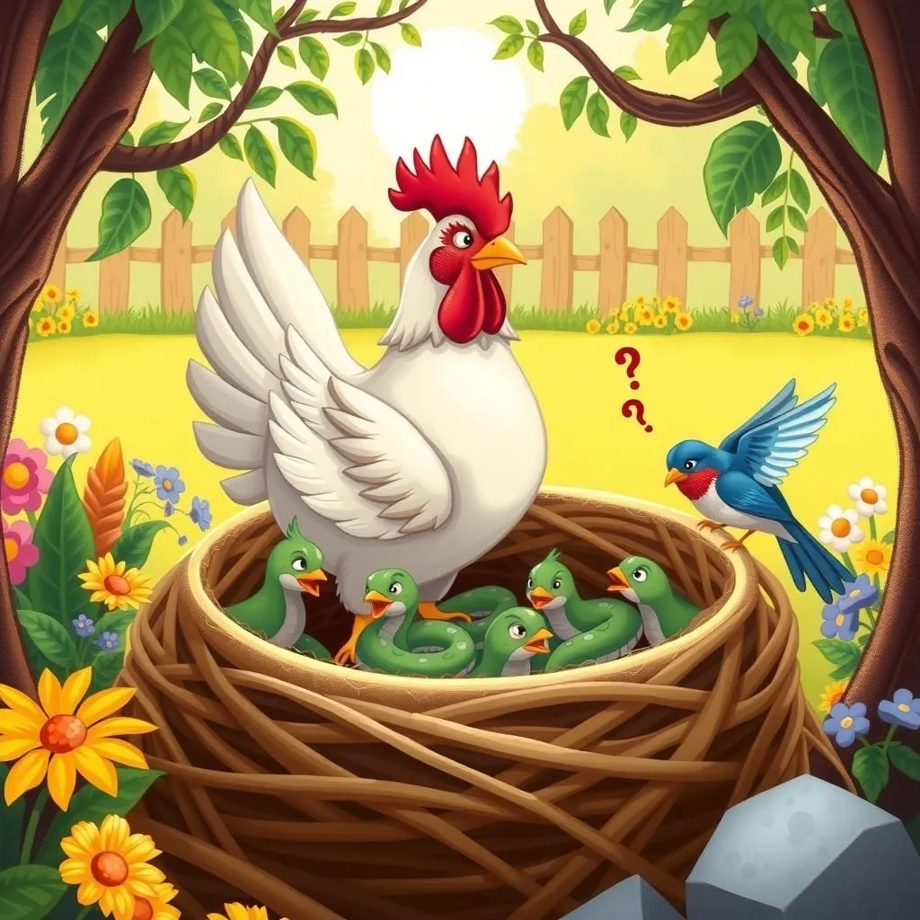 కోడి మరియు పాములు - Aesop's Fable illustration featuring కోడి and పాములు