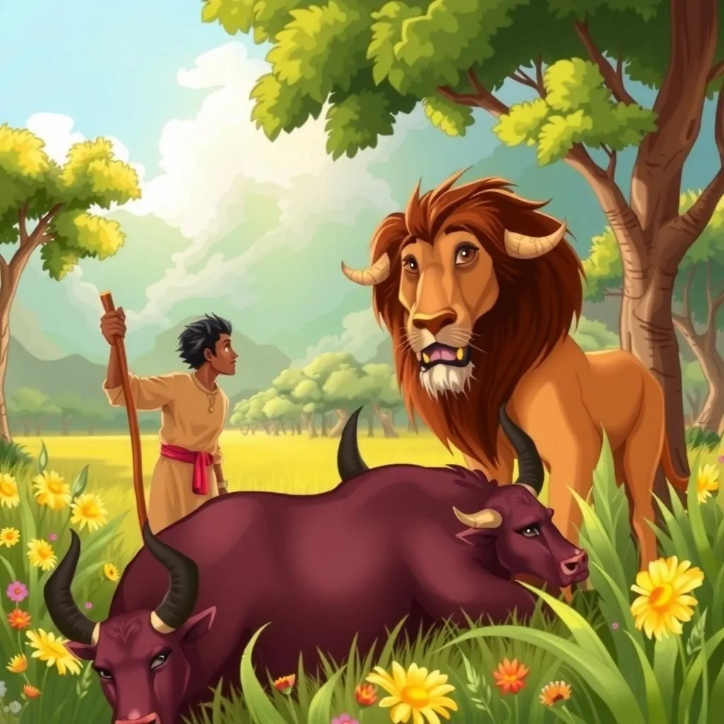 గొల్లవాడు మరియు పోయిన ఆవు - Aesop's Fable illustration featuring గొర్రెల కాపరి and దూడ