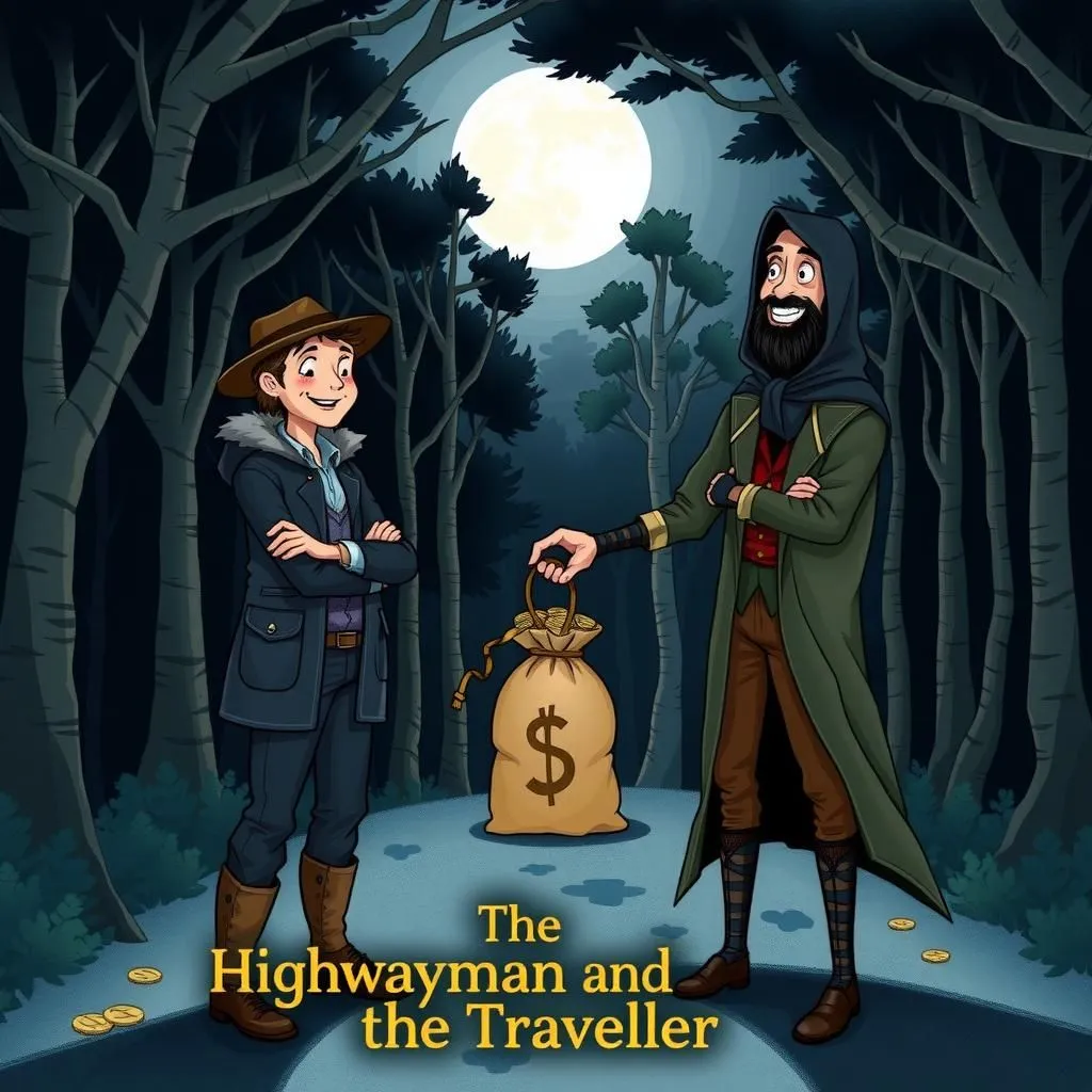 హైవేమ్యాన్ మరియు ప్రయాణికుడు - Aesop's Fable illustration about సాహసం, తెలివి, భాగస్వామ్యం