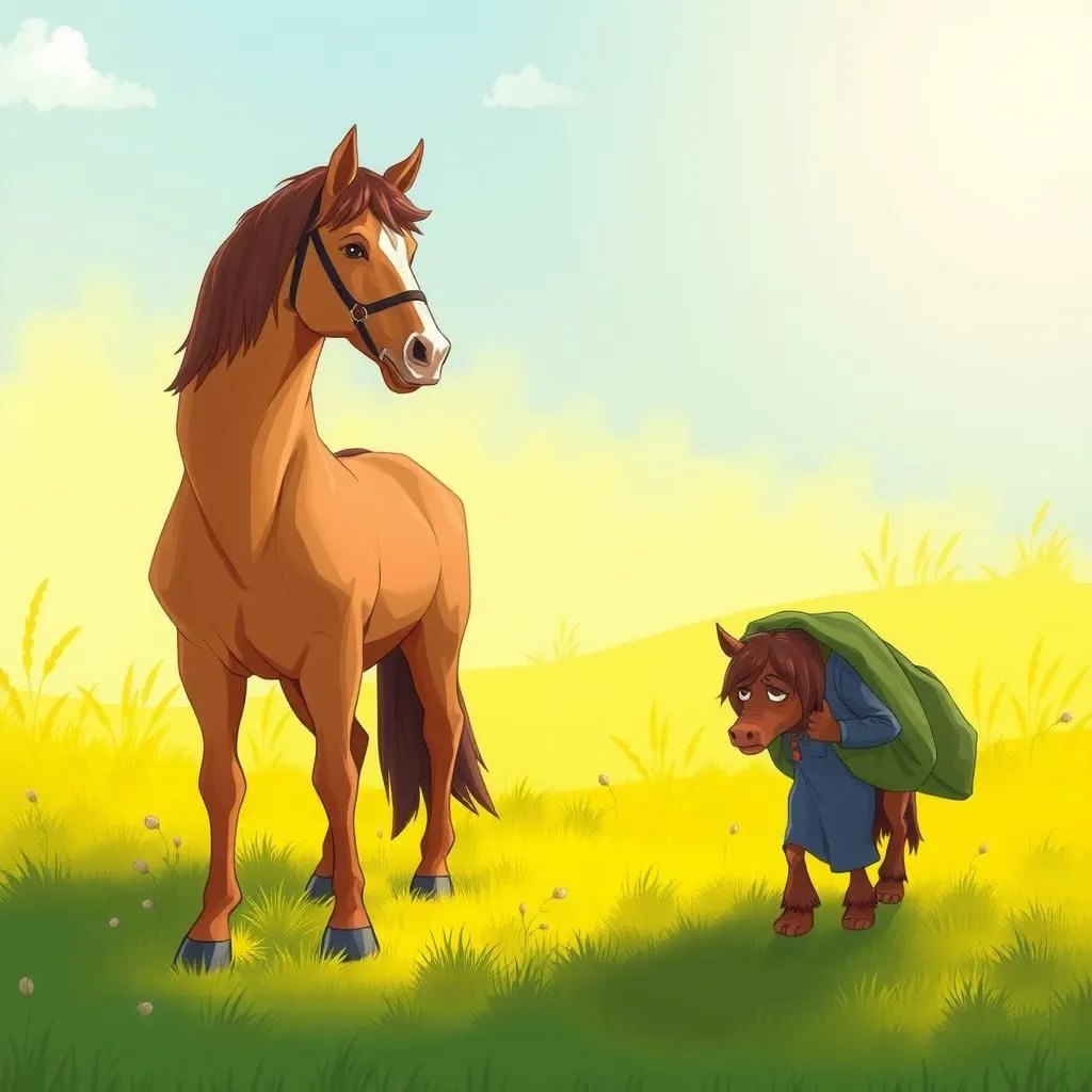 Il Cavallo e l'Asino. - Aesop's Fable illustration featuring Asino and Cavallo