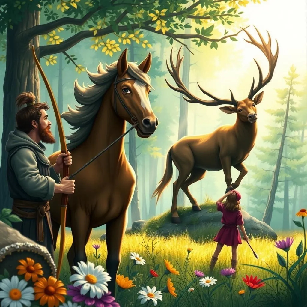 الحصان يبحث عن الانتقام من الأيل. - Aesop's Fable illustration featuring حصان، أيل، رجل