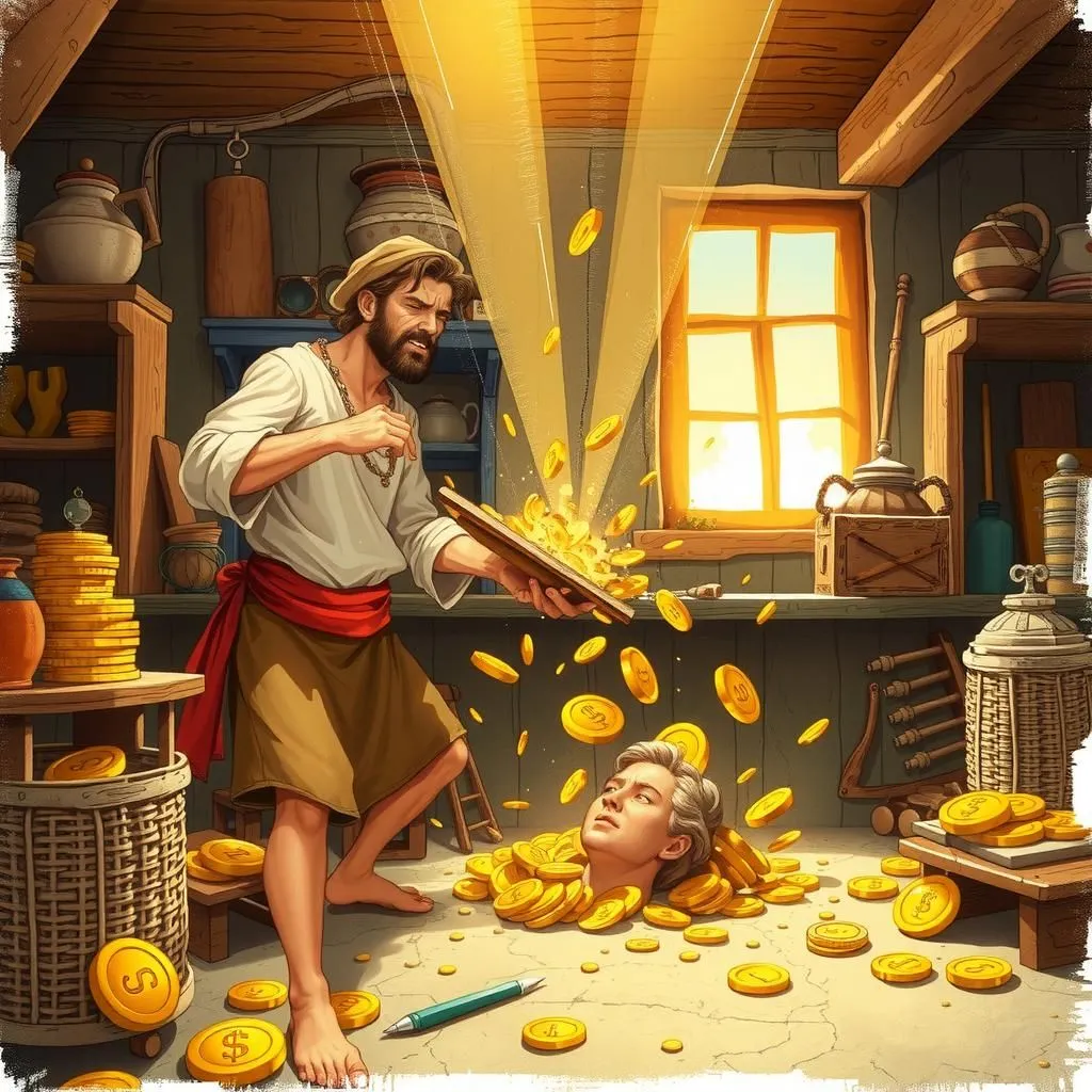 L'immagine di Mercurio e il falegname. - Aesop's Fable illustration about Aspettative contro realtà, l'ironia della fede, il valore delle azioni rispetto alle apparenze.