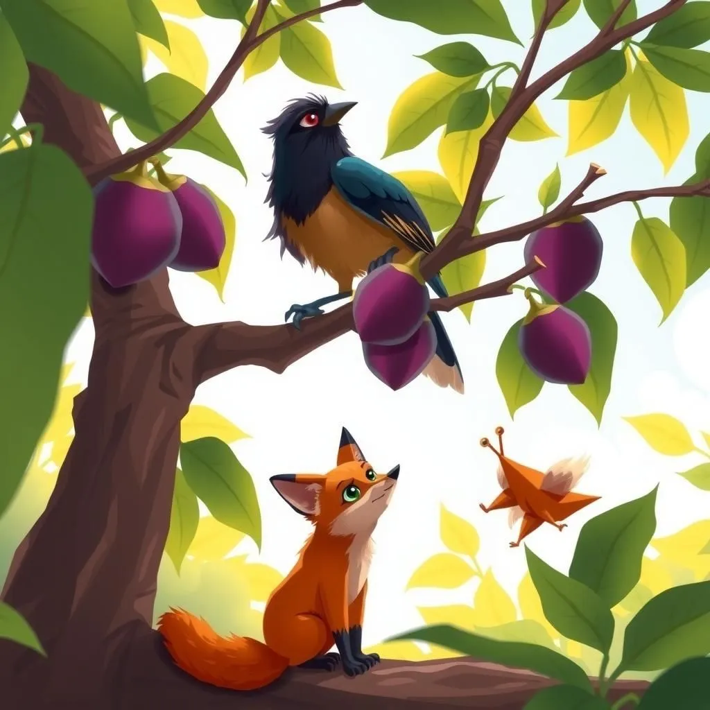 The Jackdaw and the Fox - Aesop's Fable illustration about deception, hope, reality