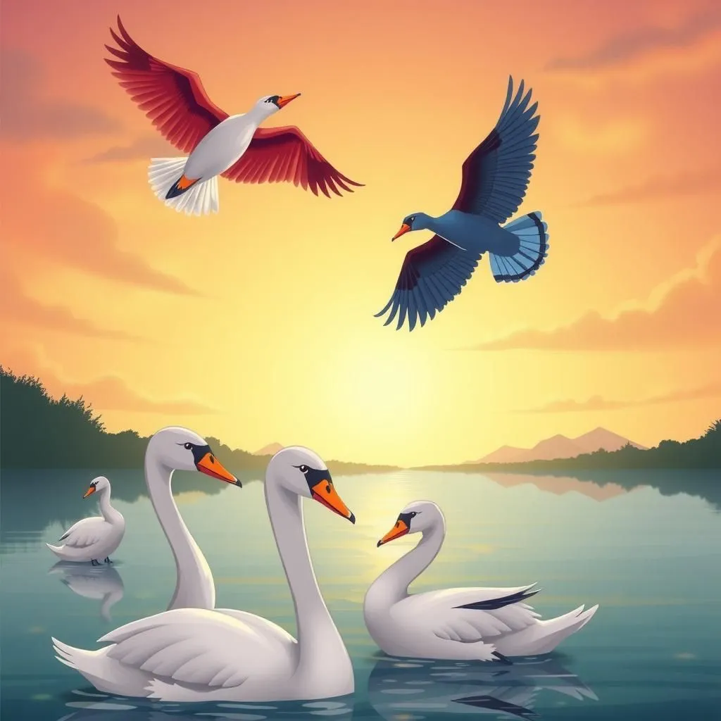 بادبادکها و قوها - Aesop's Fable illustration about میل، از دست دادن، پیامدها