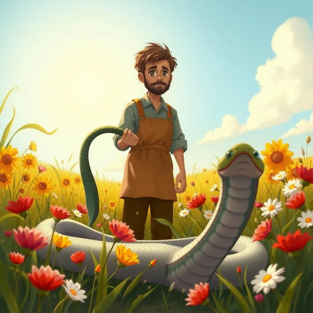 Il Lavoratore e il Serpente. - Aesop's Fable illustration featuring Cottager and Figlio Neonato