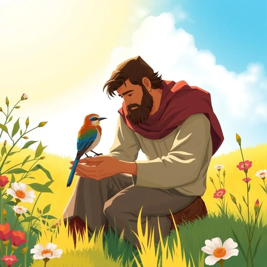 శ్రామికుడు మరియు నైటింగేల్. - Aesop's Fable illustration featuring కూలీ and నైటింగేల్