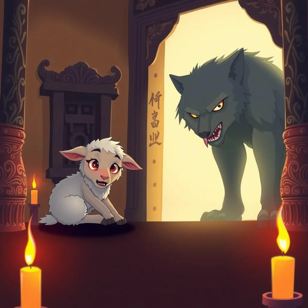 الخروف والذئب - Aesop's Fable illustration about التضحية، البقاء، المكر