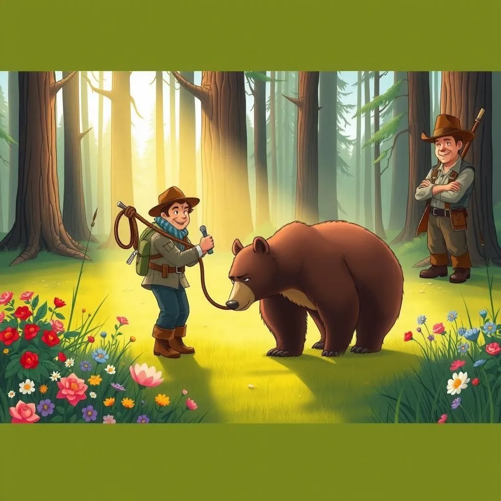 Ang Nakataling Oso. - Aesop's Fable illustration featuring Mangangaso and Oso