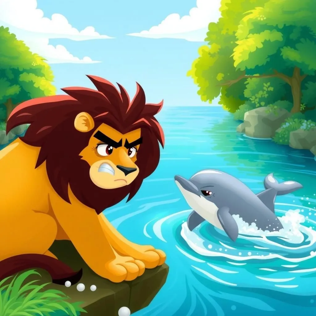 The Lion and the Dolphin - Aesop's Fable illustration about friendship, nature, misunderstanding