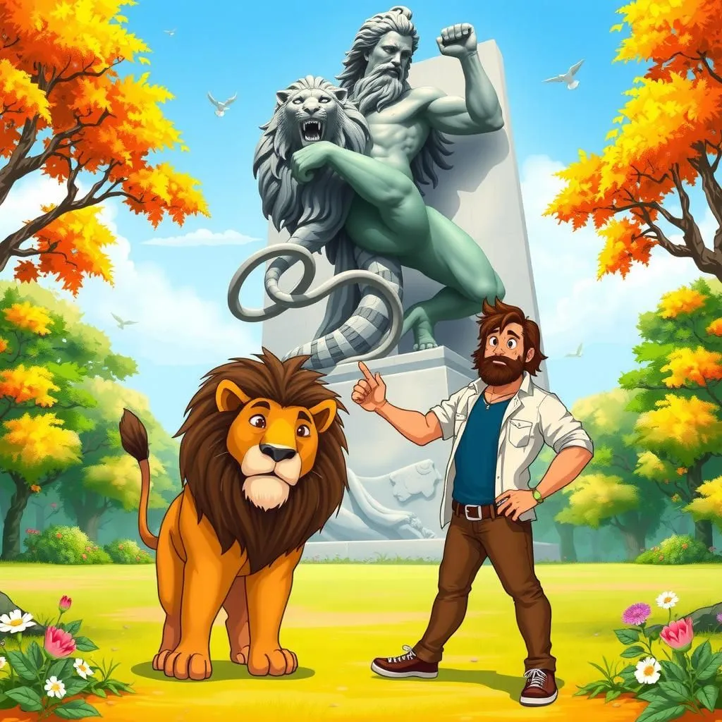 The Lion and the Statue - Aesop's Fable illustration featuring Man and Lion